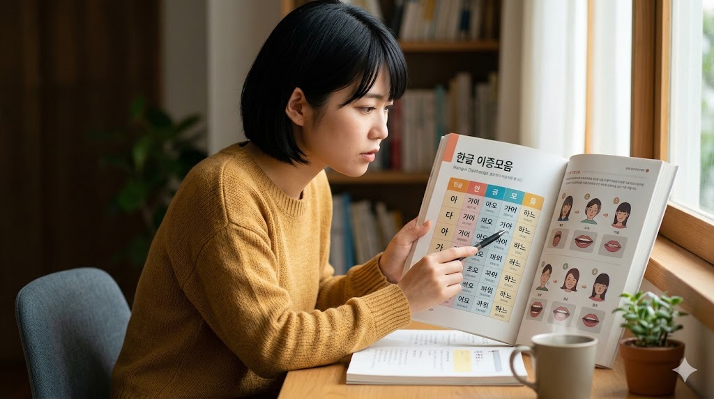 韓国語のテキストを開き、ペンを持って熱心に勉強する日本人女性。ハングルの二重母音の表がページに見える。