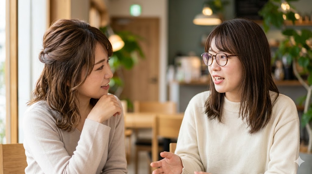 室内で向き合って座る、日本人の若い女性2人。右側の女性が左側の女性に対して、何かを提案するか、あるいは軽い約束をするように、笑顔で話しかけている。