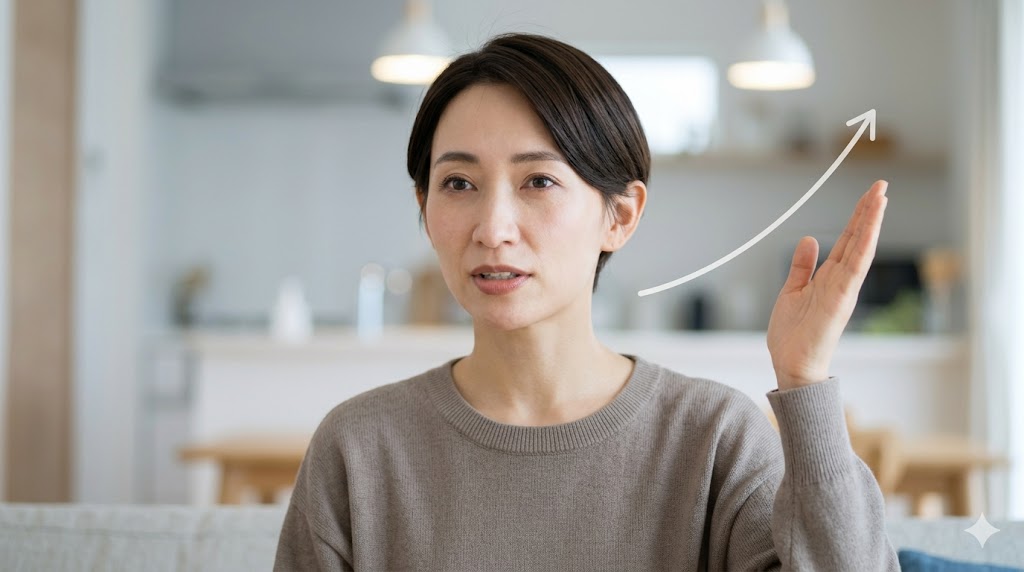 韓国語のヘヨ体疑問文で、文末のトーンを上げる「上昇イントネーション」を意識して発音練習をする日本人の女性。手振りで音程を表現。