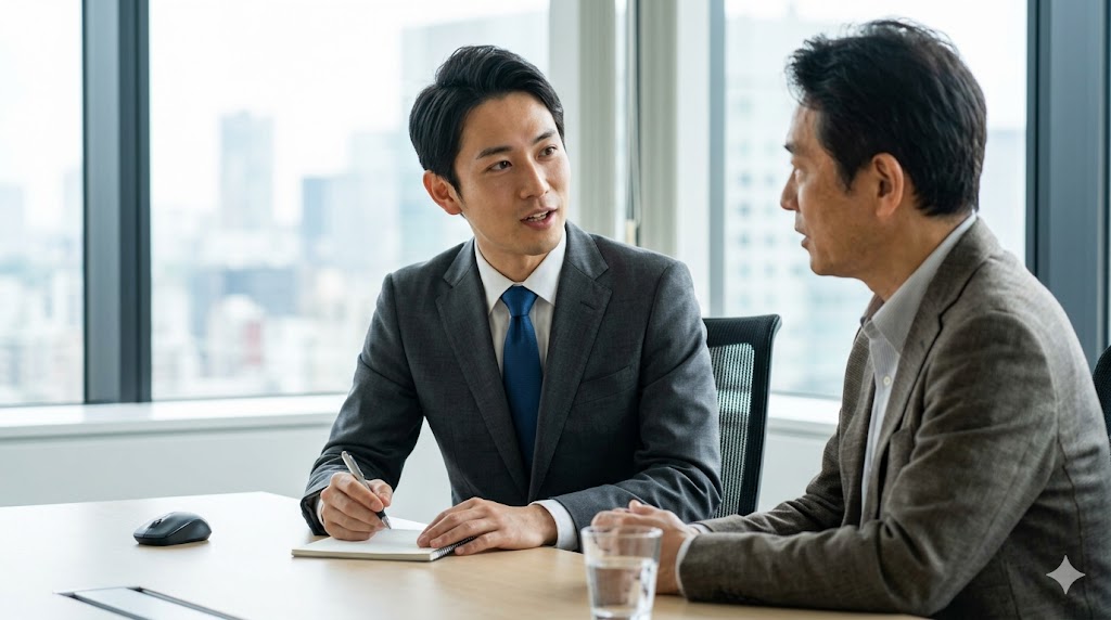 オフィスで真剣に質問をする日本人ビジネスマン。韓国語のハムニダ体疑問形を活用するシーン。