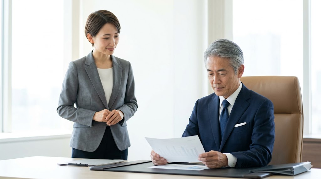 会社で上司（年配の日本人男性）が報告書を読む様子を見守る女性。尊敬語進行形(-고 계시다)を使う、フォーマルな場面をイメージ。