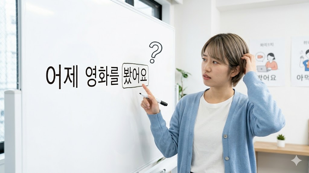 日本人女性学習者がホワイトボードに書いた韓国語の過去形文章を見ながら、疑問文にするための「？」マークを思い浮かべる