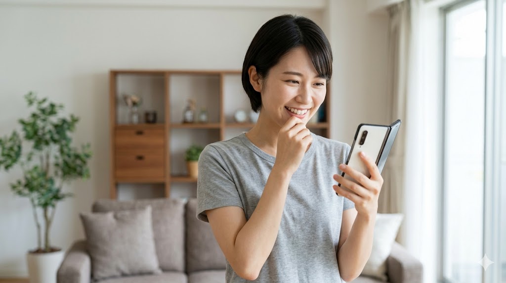 日本人の女性が、自宅のリビングでスマートフォンを使い、韓国語の短い否定文（안と못）の基本的な作り方と位置について完璧に理解し、満面の笑みを浮かべている。