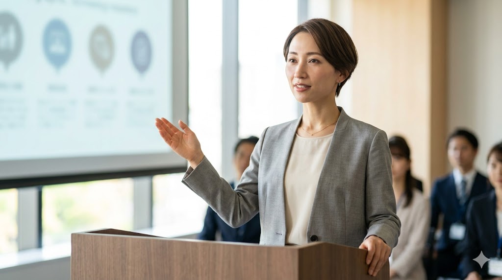 明るい会議室で、アジア人女性が自信を持って韓国語の文法についてプレゼンテーションを行い、「語幹＋지 않다」というシンプルで洗練された活用ルールを説明している。