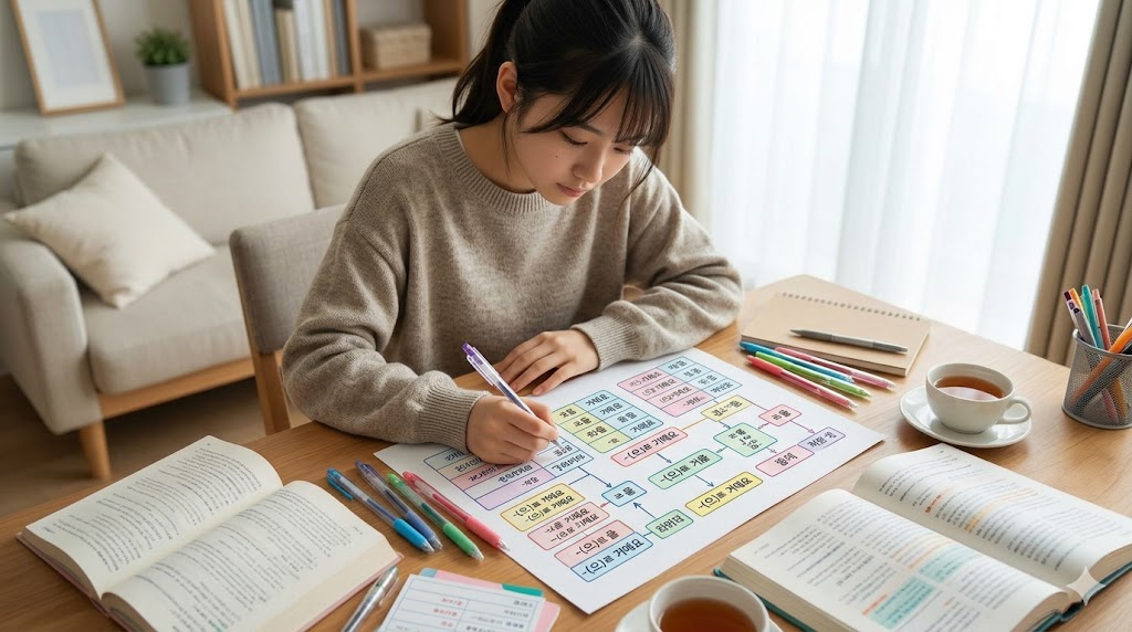 自宅の学習机で、韓国語の文法活用表を自作して整理する日本人女性。色ペンを使い分け、パッチムの有無によって異なる「-(으)ㄹ 거예요」の接続ルールを丁寧にまとめている。記事の「活用ルール」セクションを補完する。