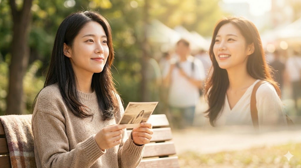 公園のベンチで、楽しかった過去の出来事を懐かしむような表情で振り返っている日本人女性のイメージ画像。自然な光と温かい雰囲気の中で、韓国語で「〜したかった」と伝える過去の願望や思い出が表現されている。