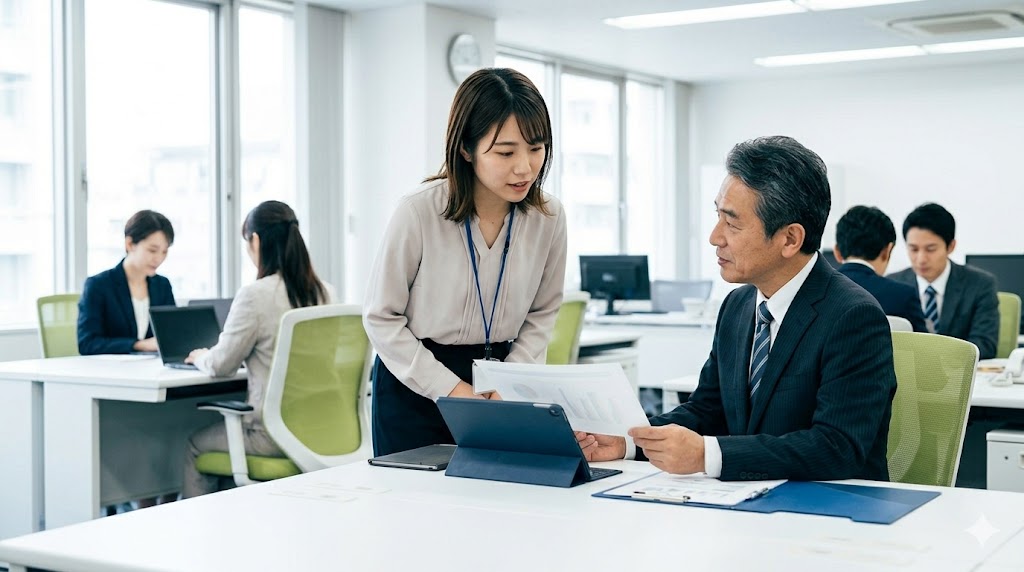 職場で上司に対し、タブレットの資料を使いながら丁寧な韓国語（ヘヨ体）で義務・必要性を伝える日本人従業員の様子。ビジネスシーンでの敬語活用。