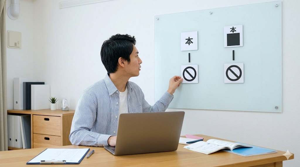 自宅の勉強部屋で、韓国語のパッチムの有無による「してはいけない」の活用ルールをホワイトボードの図解で確認する日本人男性。