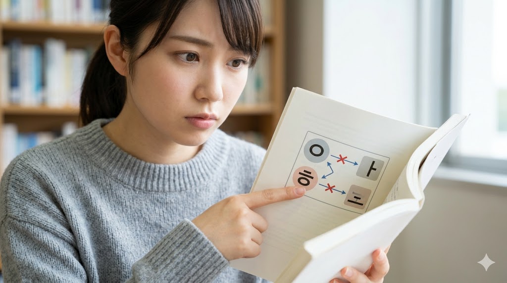 韓国語の連音化（リエゾン）において例外となるパッチム「ㅇ」と「ㅎ」のルールを、図書館でテキストを確認する日本人女性の姿を通して表現した、E-E-A-T向上のためのイメージ画像。