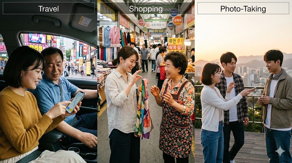 韓国旅行中の日本人の様々な依頼シーン。タクシーで目的地を伝える女性、市場で店員と値段交渉をする女性、観光地で通行人に写真を撮ってもらうカップル。韓国語の依頼表現「〜してください（-아/어 주세요）」を日常生活で実践する様子。