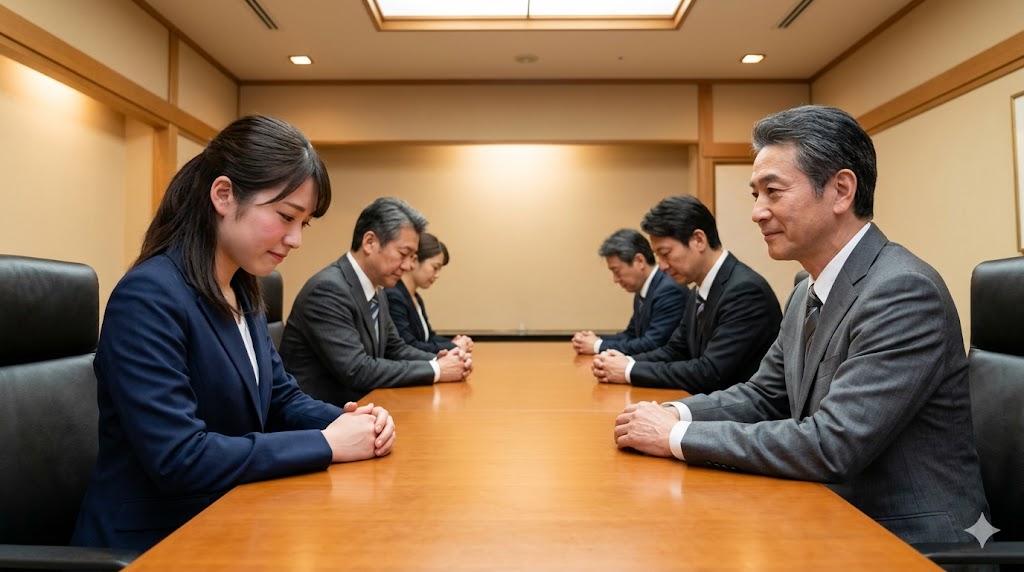 東京の企業オフィスで、若手日本人女性社員が上司に対して不適切な敬語（ハプショ体）を使ってしまい、微妙な空気になっている。韓国語の上下関係とマナーの重要性を示す。