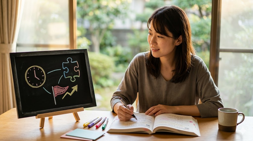 過去の出来事（例：ピザを食べる、映画を見る）を時系列で並べた図。文末の動詞だけが過去形になり、途中の接続部分は現在形のままであることを視覚化している。