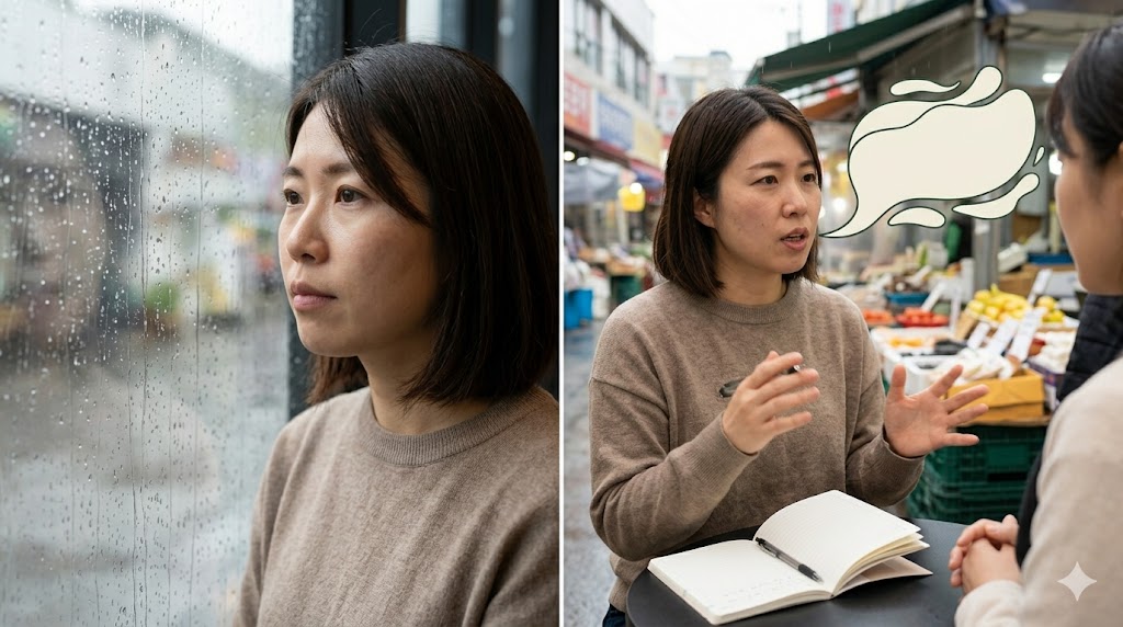 韓国語の理由表現「-아/어서」と「-(으)니까」のニュアンスの違い。雨の日を観察する（客観事実）様子と、熱弁する（主観意志）様子を比較する日本人女性。
