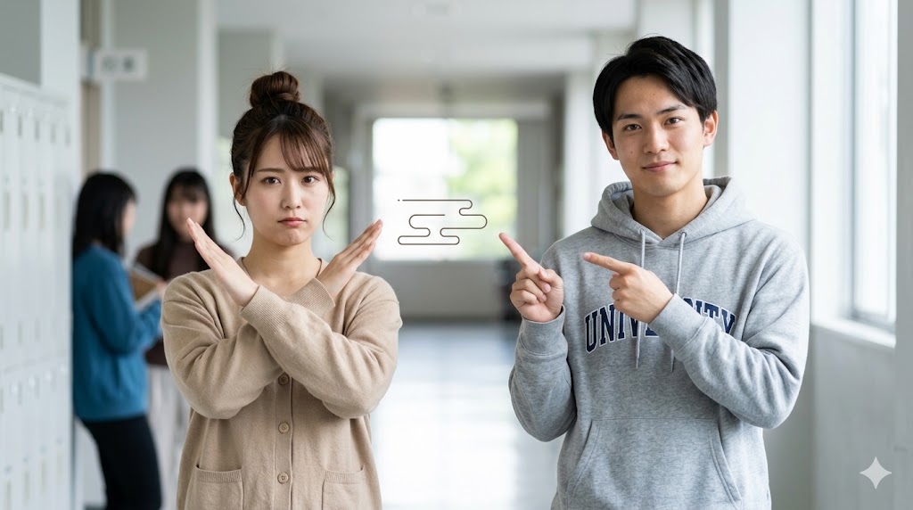大学の廊下で、日本人学生二人が対照的なジェスチャーをしている。左側の女子学生は両手で大きな「×」を作り、否定を表している。右側の男子学生は前方を指差し、別の事実を提示している。テキストのない視覚的な表現。
