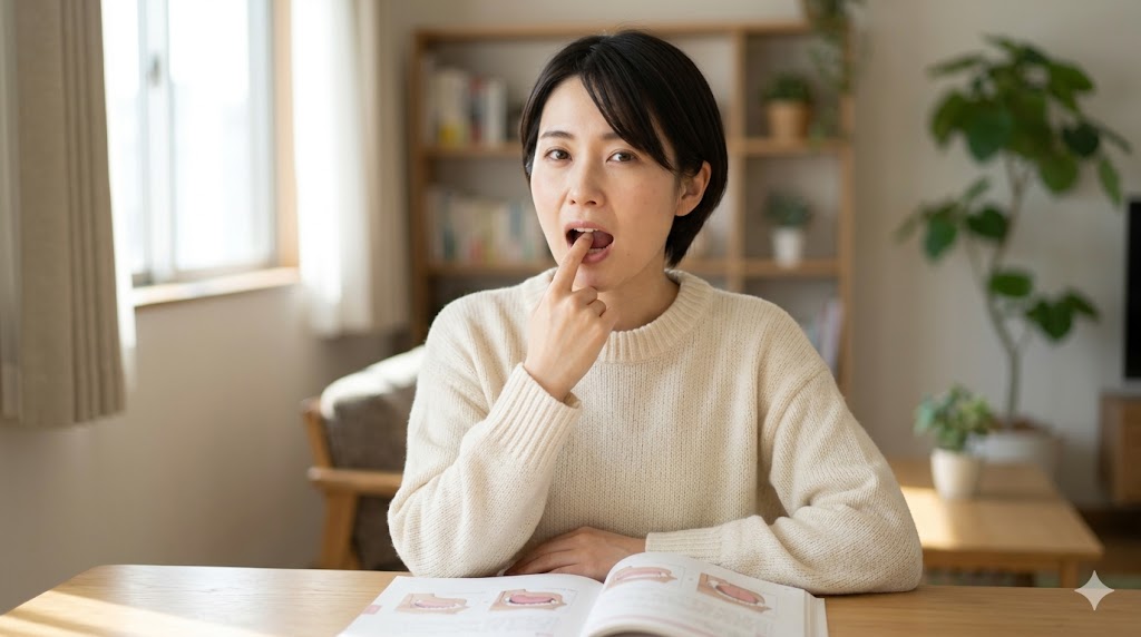 韓国語の流音化マスターのため、舌を上の歯茎の裏に当てる位置を確認する日本人女性。