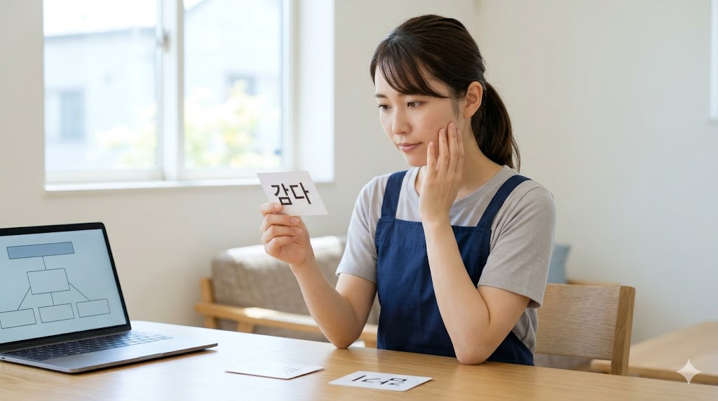 明るい室内で、韓国語の動詞「감다」と名詞「감기」の発音ルールの違いに悩む日本人女性。熱心に教材を比較している。