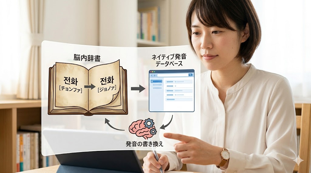 韓国語の単語「어떻게」の発音変化を説明する図解。パッチムの「ㅎ」と「ㄱ」が合体し、[어떠케]（オットケ）と激音化するプロセス。日本人女性が口の形を意識して発音練習をする様子。