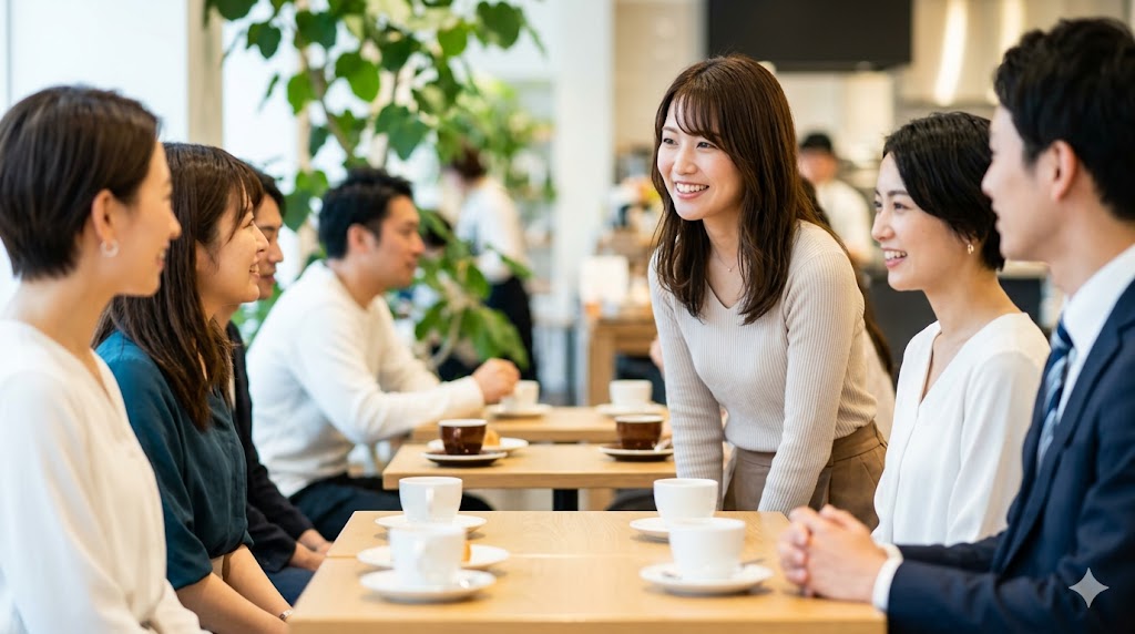 カフェでのカジュアルな自己紹介で「エヨ」を使う日本人女性。