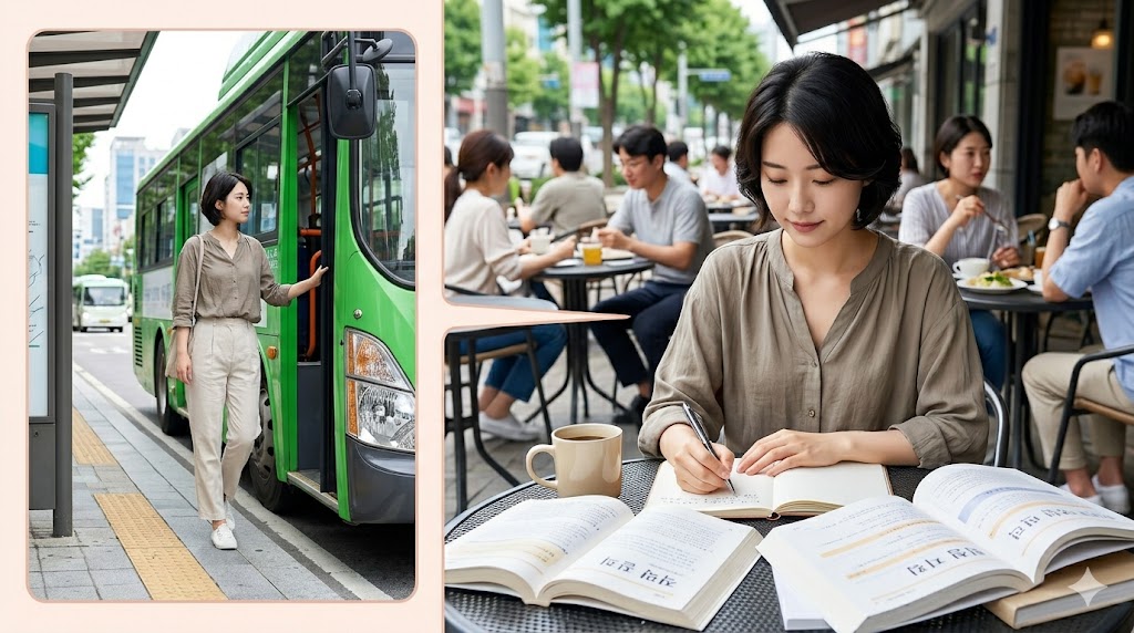 カフェで韓国語を勉強している日本人女性（動作の場所）と、バスから降りる姿（出発点）が表示されており、韓国語の助詞「-에서」の使い方を視覚的に説明している。