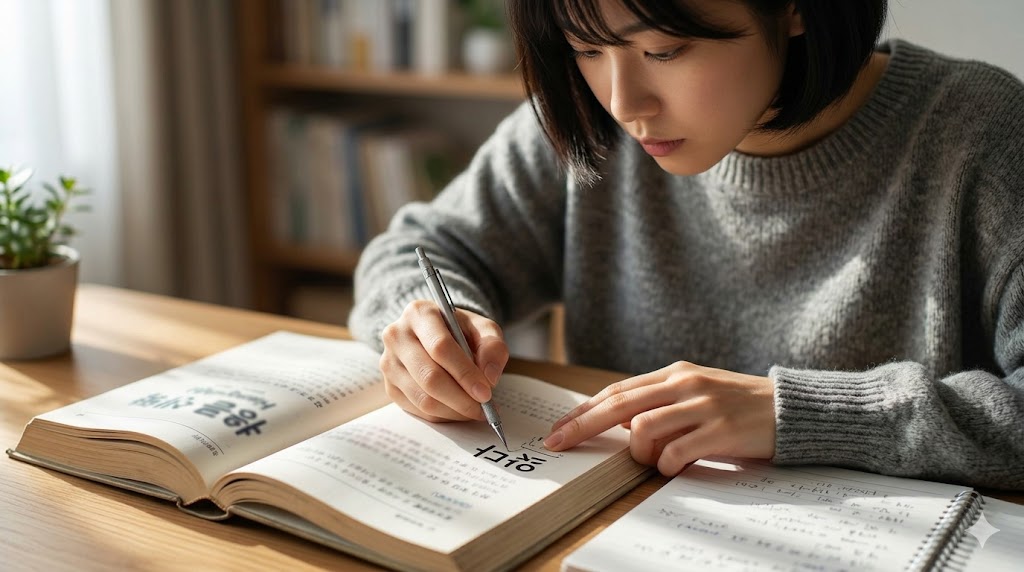 韓国語の参考書を広げ、二重パッチム「ㄵ」が含まれる単語「앉다（座る）」の読み方を確認している、アジア人女性の指先のクローズアップ画像。彼女は左側の子音「ㄴ」の下にペンで線を引いており、二重パッチムは原則として「左側の子音」を発音することを視覚的に示している。