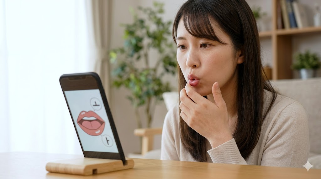 スマートフォンで発音記号の口の形を確認しながら、実際に口を丸めて「ㅗ（オ）」の形を作る日本人女性。