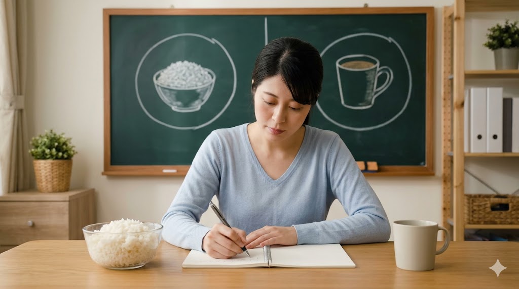 韓国語学習中の日本人女性がデスクで勉強しており、パッチムのある単語（ご飯）とない単語（コーヒー）を視覚的に区別している様子。