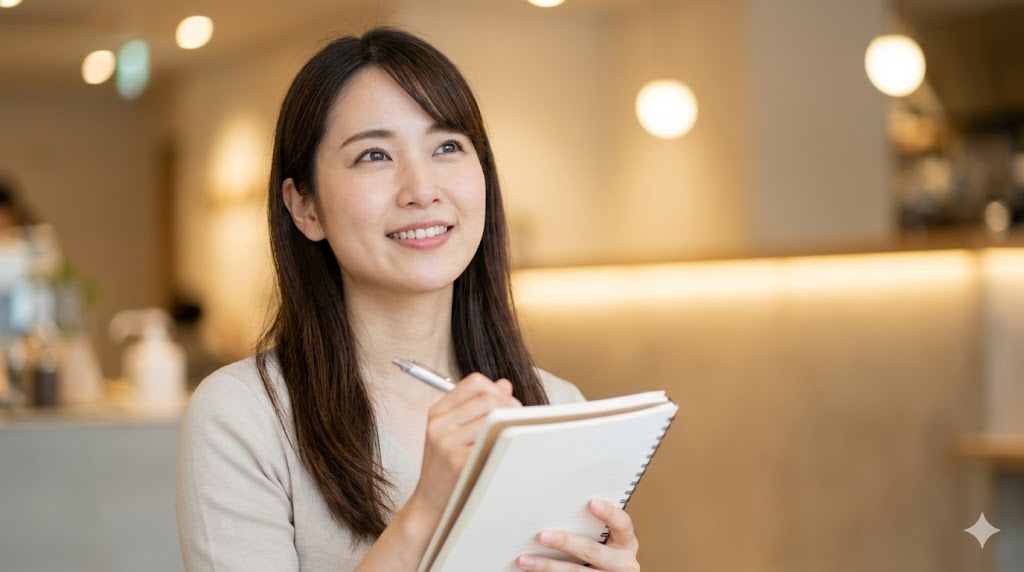 カフェでノートを片手に、韓国語の疑問文（ヘヨ体）を練習する日本人の女性。自然に質問する姿。