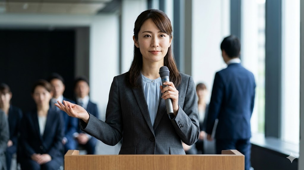 韓国語のハムニダ体をビジネスシーンで使う女性スピーカーのイメージ。格式高い表現の基礎を解説。