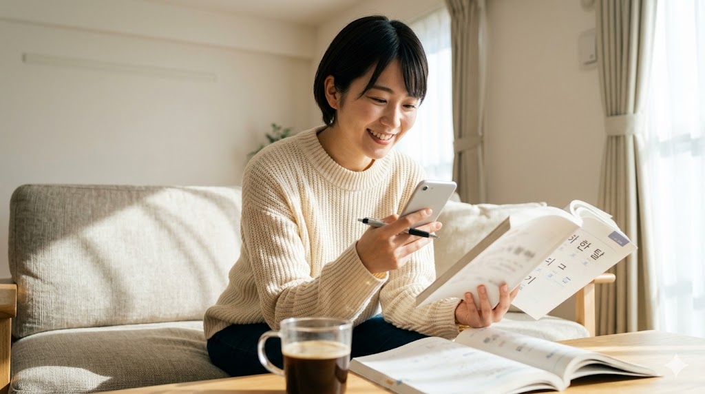 ソファでくつろぎながらスマホと韓国語の参考書を見る日本人女性。日常会話で進行形を使うリアルな場面をイメージ。