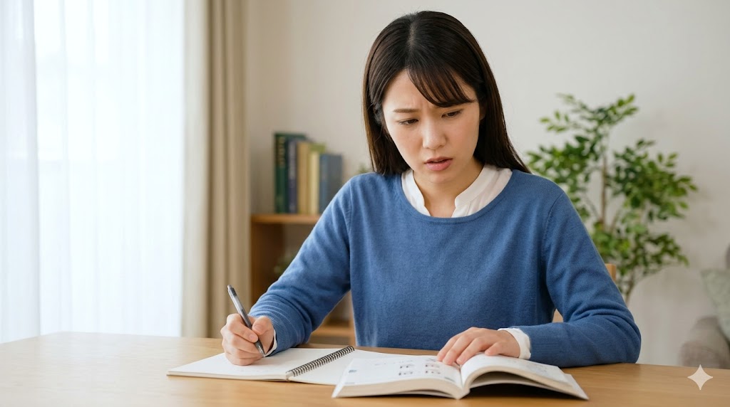 日本人の女子学生が、自宅のデスクで「안（意志）」と「못（不可能）」の否定表現について韓国語を勉強している。