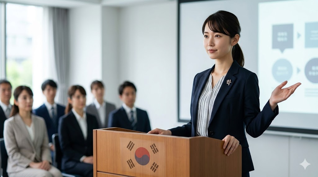 東京のモダンな講堂で、洗練された服装のアジア人女性が韓国語の文法についてプレゼンテーションを行い、フォーマルで丁寧な「長い否定」のニュアンスを表現している。