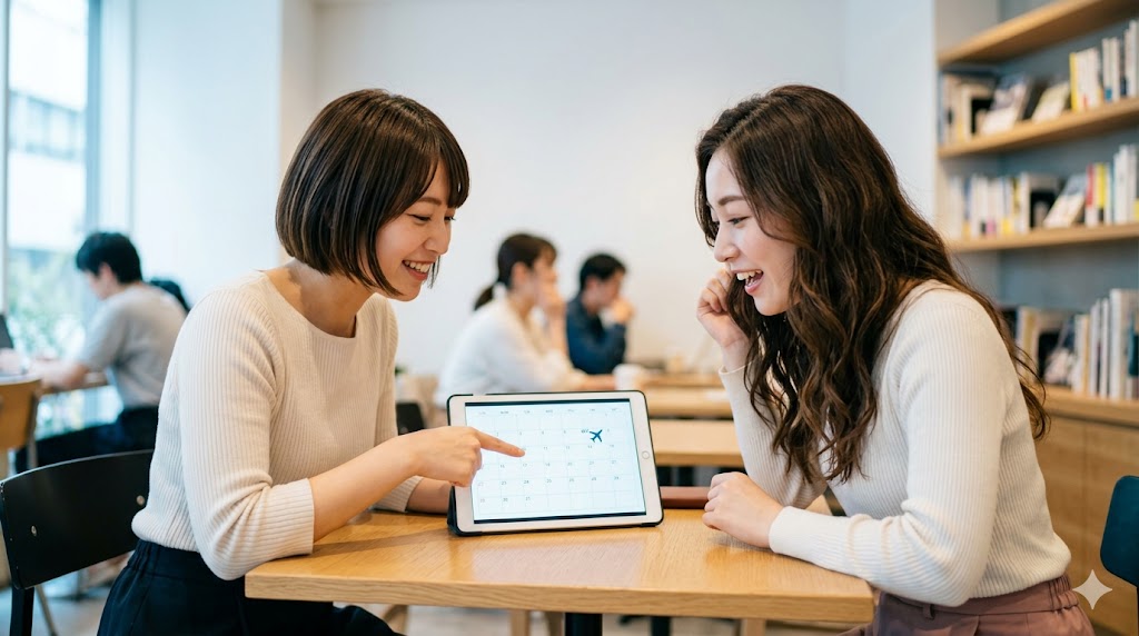 明るいカフェでスケジュール帳を確認しながら、未来の韓国旅行について話す日本人女性2人組。1人はカレンダーを指差し、楽しげに笑っている。日常会話で使われる-(으)ㄹ 거예요の「未来の予定」のニュアンスを視覚的に表現する。 |