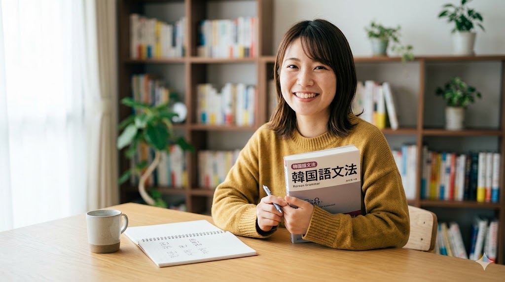 韓国語のテキストを開き、笑顔で勉強を教える準備万端のハングルライフ運営者ホシの様子。親しみやすい学習の始まりをイメージ。