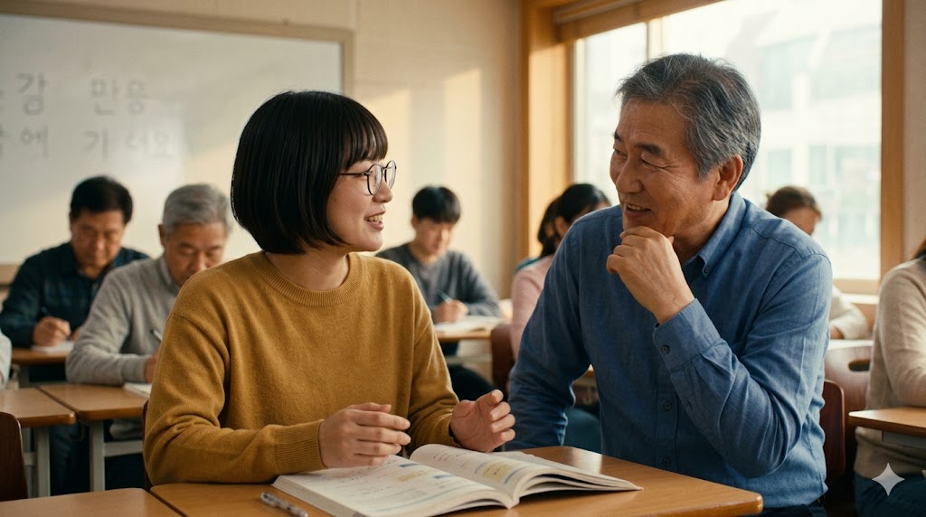 韓国語教室でネイティブ講師と笑顔で会話を練習する日本人の生徒。韓国語の依頼表現「〜してください（-아/어 주세요）」を学び、コミュニケーションがスムーズになる様子を表現。E-E-A-T向上のためのイメージ画像。