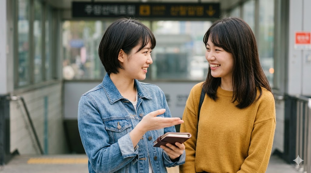 韓国ソウルの地下鉄駅付近で、友人同士の日本人女性2人が笑顔で予定を話し合っている、親密で自然な勧誘の場面。