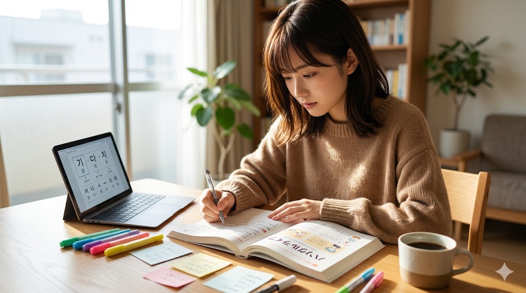 韓国語を勉強する日本人の様子。デスクにはハングルの参考書やノートが並び、集中して学習に取り組んでいる。