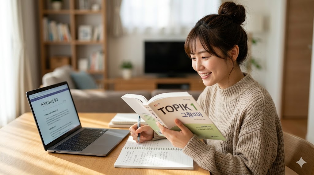 韓国語の文法「-아/어서」を勉強中の日本人女性の様子。机の上にはTOPIK1級の教材とノートがあり、ペンを持って熱心にメモを取っている。