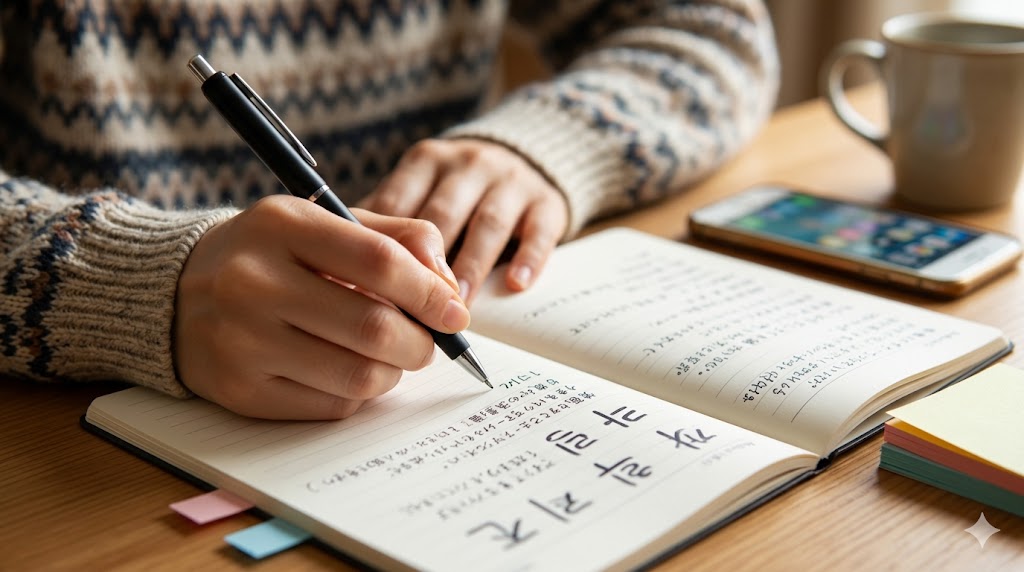 日本人女性の手元を捉えた接写。カフェの木製テーブルで、ノートにペンで韓国語の文法事項（テキストはイメージ）を書き込んでいる。集中した学習の様子を伝える。