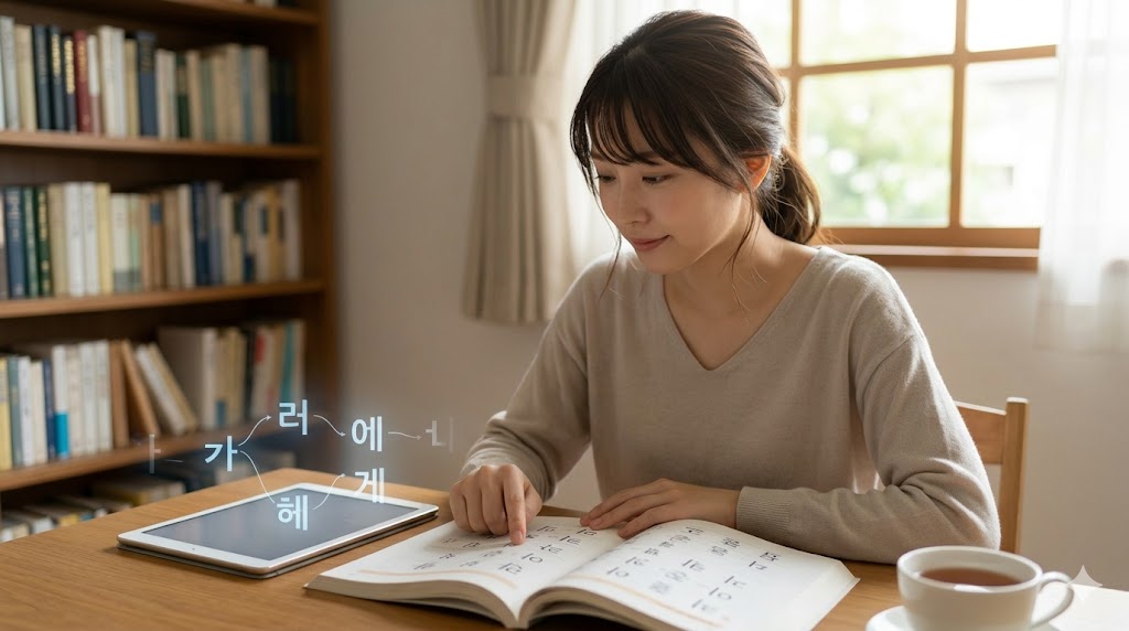 韓国語の連音化（リエゾン）の基本的な仕組みを、落ち着いた室内でテキストに向かう日本人女性の姿を通して表現した、E-E-A-T向上のためのイメージ画像。