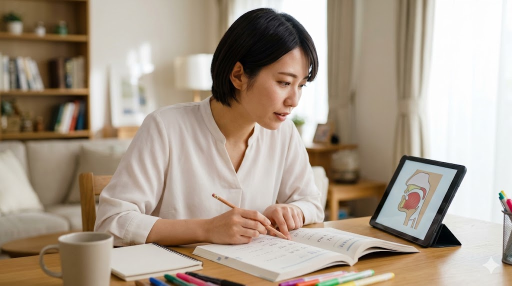 韓国語の勉強机で、口の構造図を参考にしながら発音練習をする日本人女性。