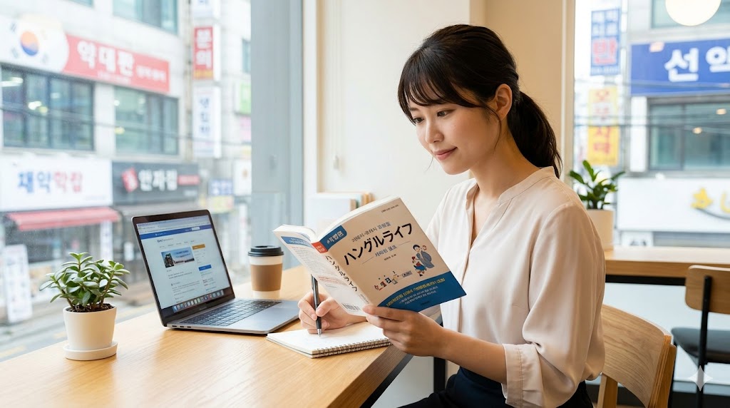 韓国語教材「ハングルライフ」で熱心に学習する日本人女性。集中した表情でノートを取り、窓の外にはソウルの街並みが見える。