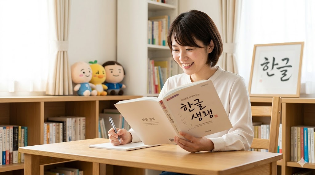 韓国語の参考書を広げ、ペンを片手に笑顔で学ぶ日本人の女性。清潔感のある部屋で、ハングル学習に取り組む様子。