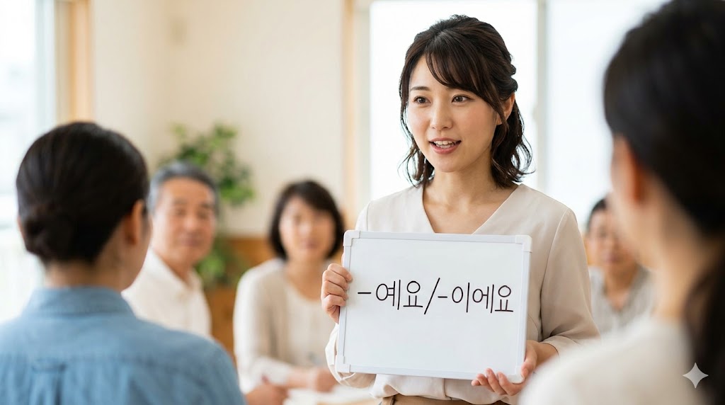 韓国語の自己紹介の基本を学ぶ、笑顔の日本人女性。