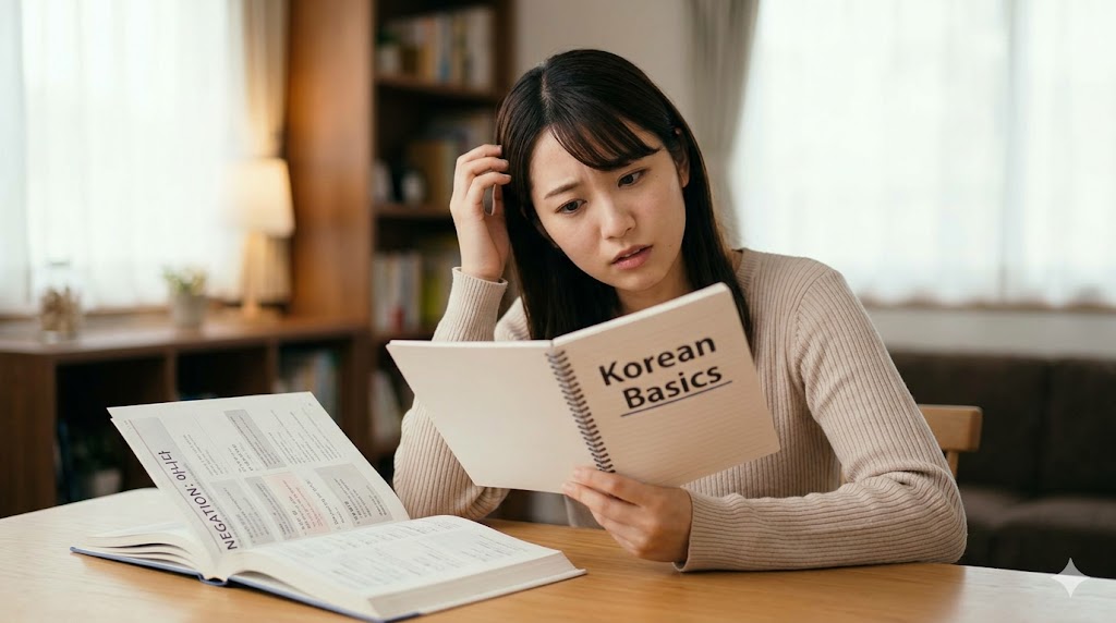 韓国語の学習者が、教材を見ながら「아니다」の否定文の作り方を考えている様子。