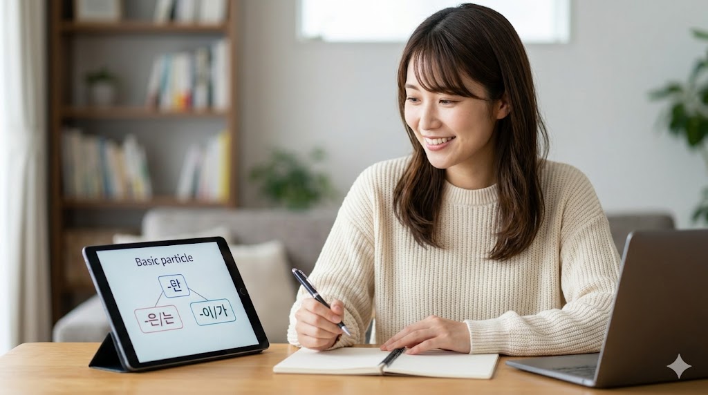 韓国語の基本助詞「は」と「が」の学習を始める日本の女性。暖かみのある勉強部屋で、タブレットの図解を見ながらペンを持っている。