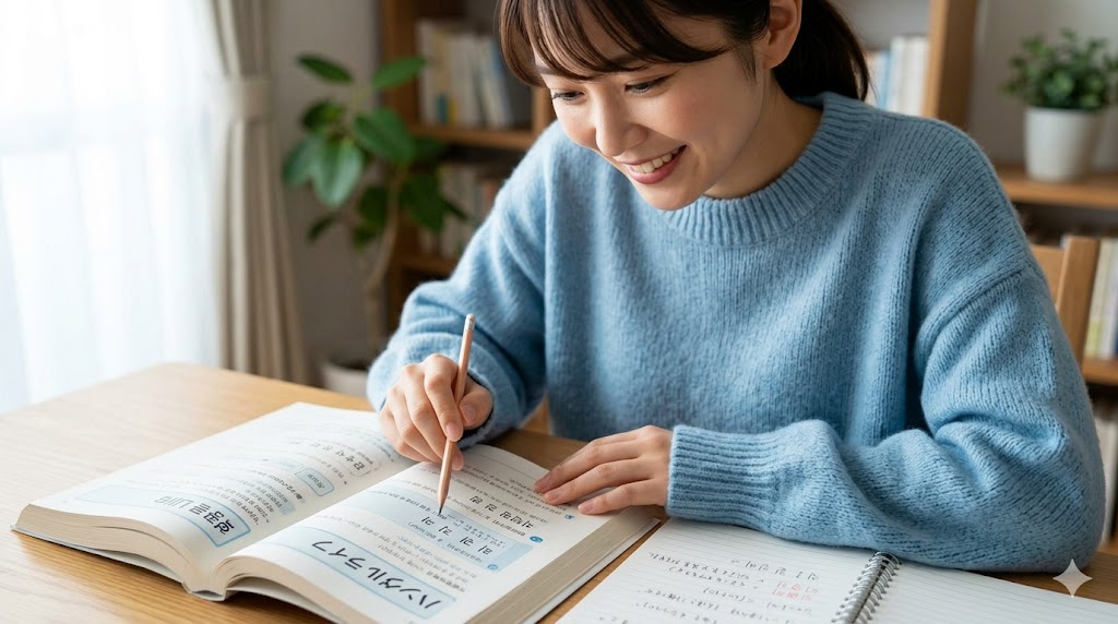 韓国語のテキストを指差しながら熱心に勉強している、笑顔のアジア人女性のクローズアップ画像。デスクの上には開かれた韓国語の参考書とノートがあり、彼女がハングルのパッチムの基本ルールと読み方の基礎を学んでいる様子が伝わる。