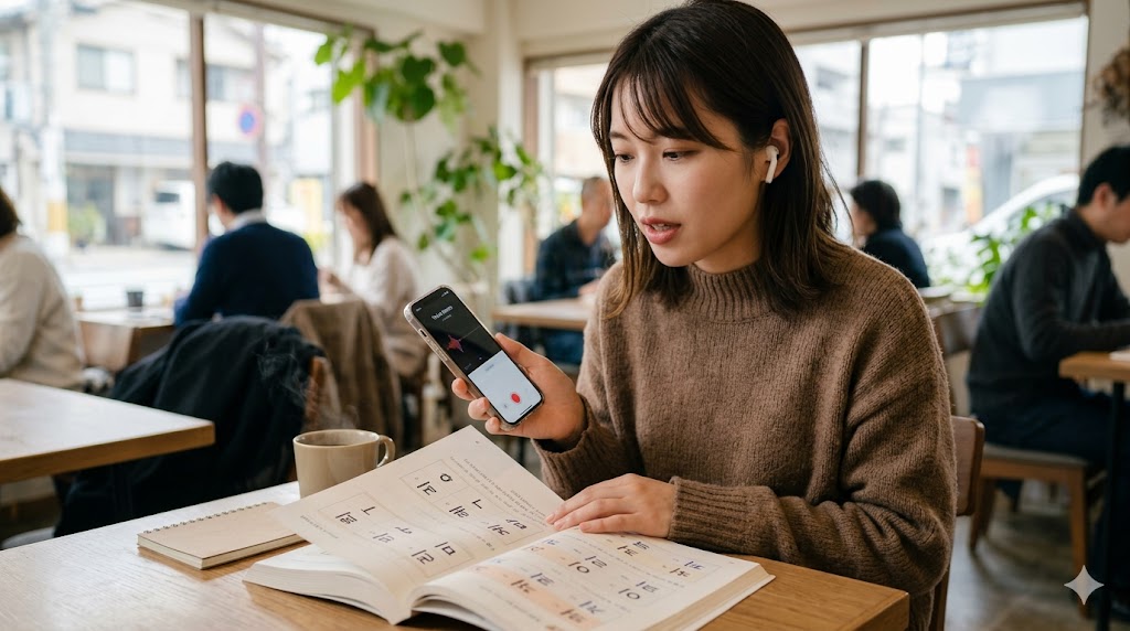 カフェでイヤホンをつけ、スマートフォンの録音機能を使って自分の韓国語の発音を録音している日本人女性。
