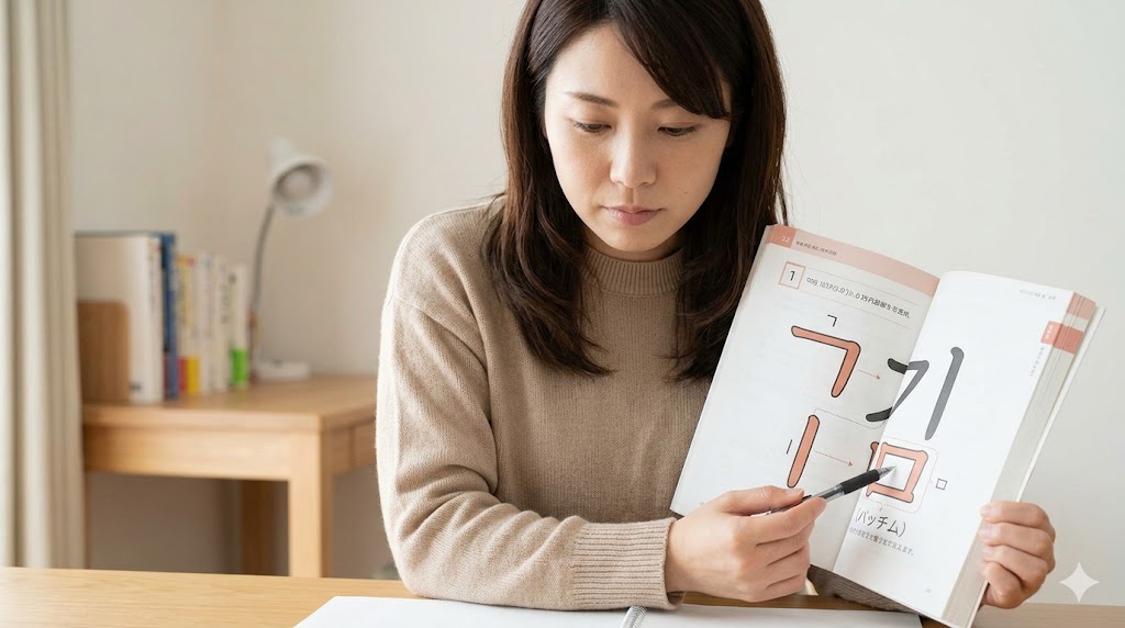 日本人女性が、テキストに大きく書かれた「김（キム）」という文字の下部にあるパッチム「ㅁ」の部分を指さし、その構造を理解しようとしている様子。