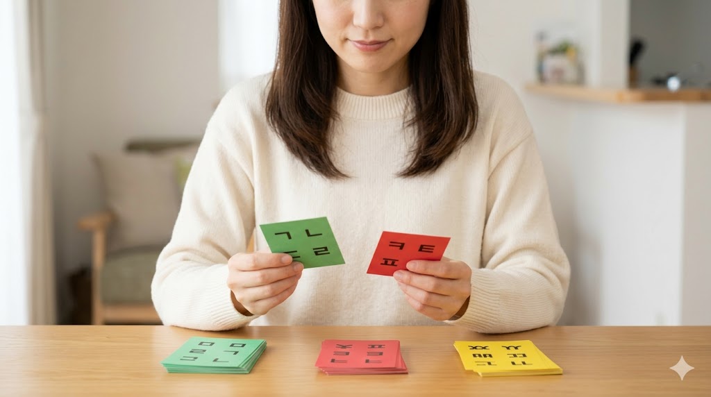 学習デスクの上で、ハングルの「平音（緑ㄱ）」「激音（赤ㅋ）」「濃音（黄ㄲ）」という3つのグループ分類を示すカラフルな学習カードを、日本人女性が比較している様子。