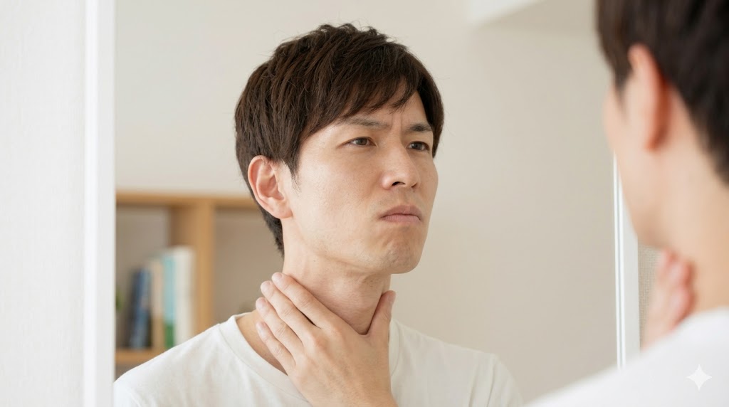 自宅の勉強部屋で、鏡の前で日本人男性が喉仏に手を当てながら、韓国語の濃音「ㅃ（pp）」を息を止めて喉を緊張させて発音する練習をしている様子。